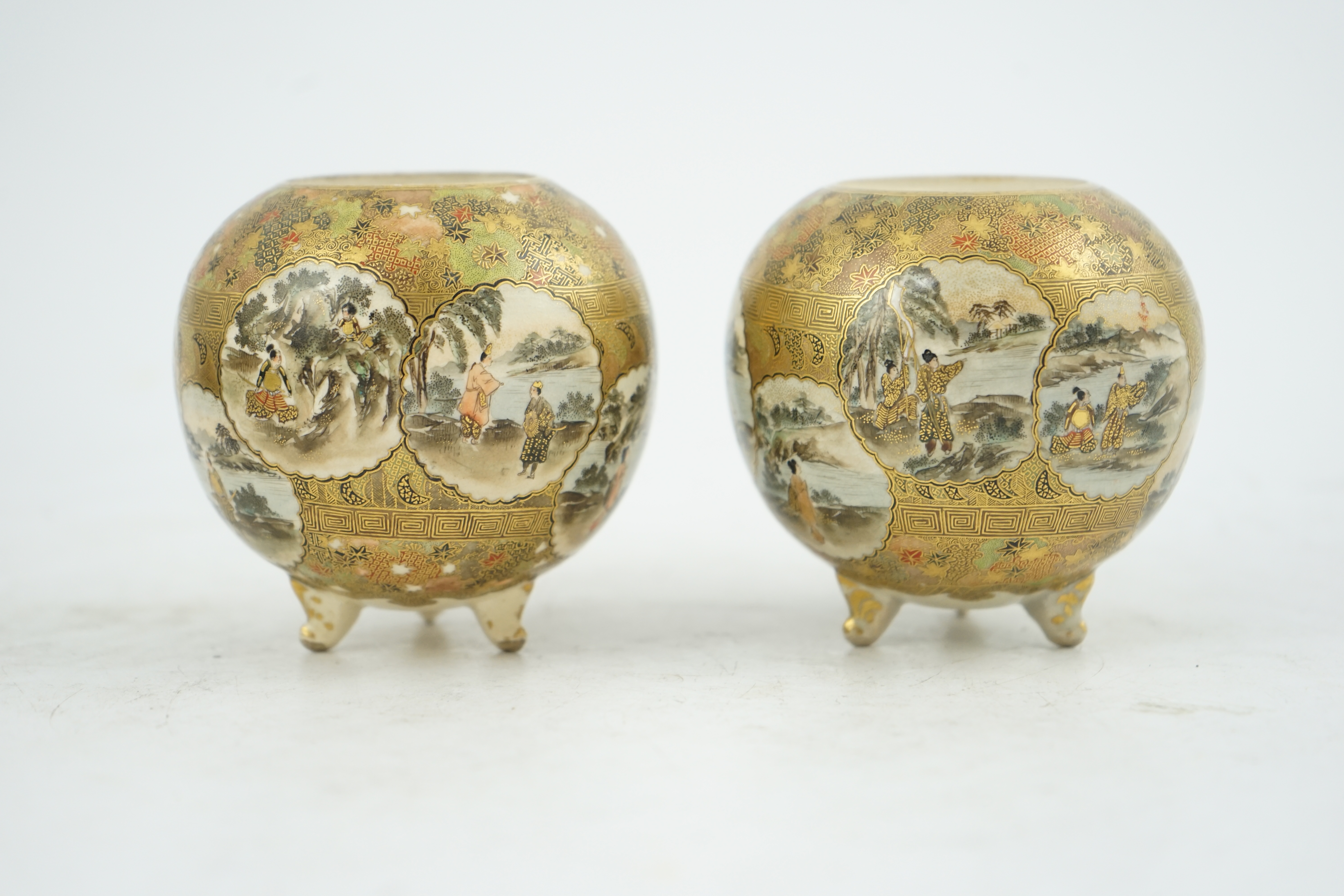 A pair of Japanese Satsuma globular koros, Meiji period